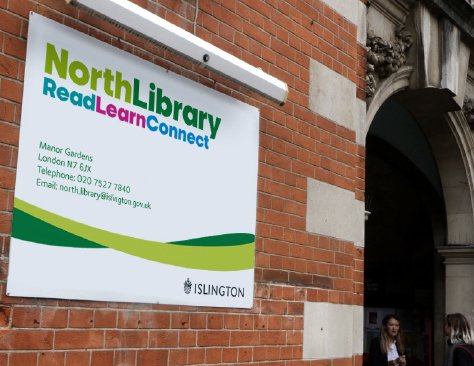 Islington Library exterior signage 474w x 366h px